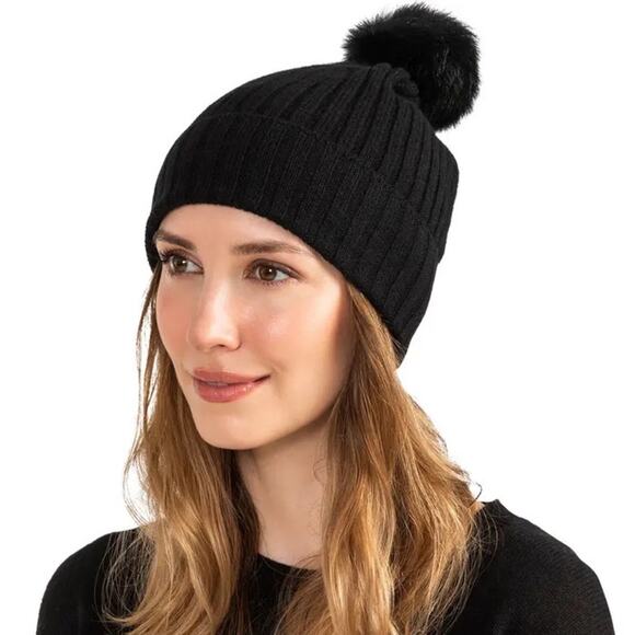 Amicale Black Cashmere Pompom Beanie Hat New - Picture 1 of 4